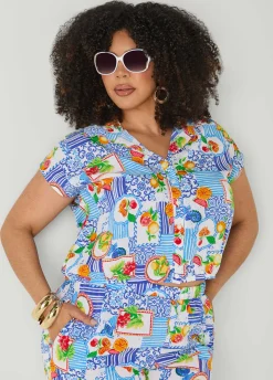 Printed Button Front Cropped Shirt