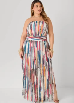 Printed Fringed Strapless Dress