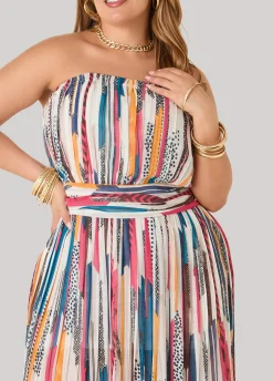 Printed Fringed Strapless Dress