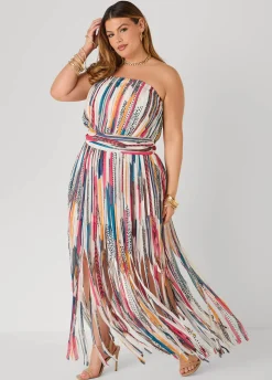 Printed Fringed Strapless Dress