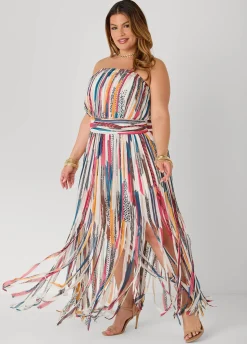 Printed Fringed Strapless Dress