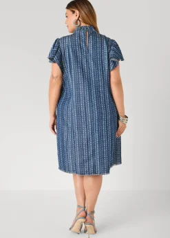 Printed Keyhole Chambray Dress