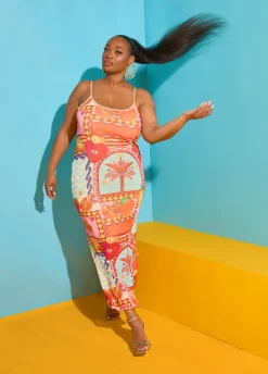 Printed Mesh Maxi Slip Dress