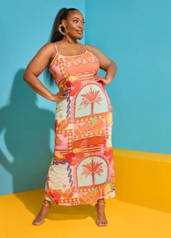 Printed Mesh Maxi Slip Dress