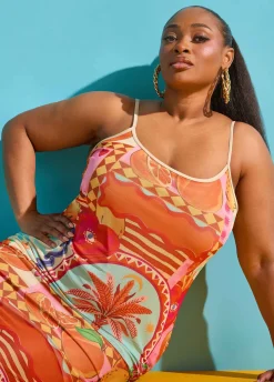 Printed Mesh Maxi Slip Dress