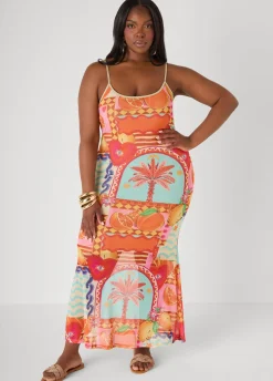 Printed Mesh Maxi Slip Dress