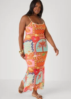 Printed Mesh Maxi Slip Dress
