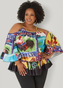 Printed Satin Cold Shoulder Blouse