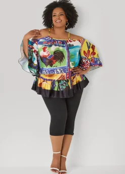 Printed Satin Cold Shoulder Blouse