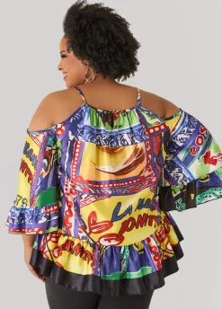 Printed Satin Cold Shoulder Blouse