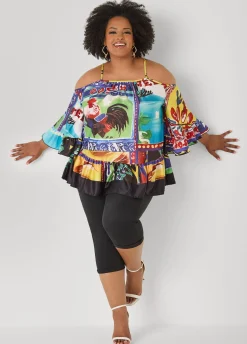 Printed Satin Cold Shoulder Blouse