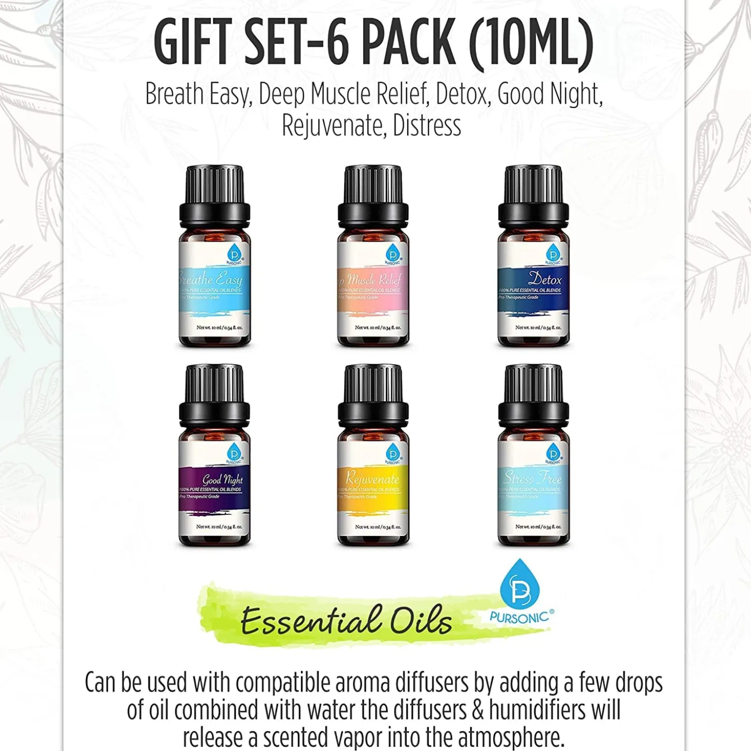 Pursonic 6 Pack Pure Essential Aromatherapy Oils Blends
