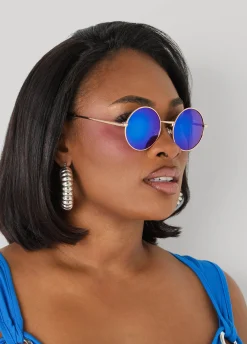 Reflective Round Frame Sunglasses