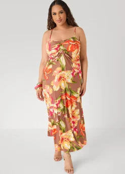 Ruched Floral Print Maxi Dress