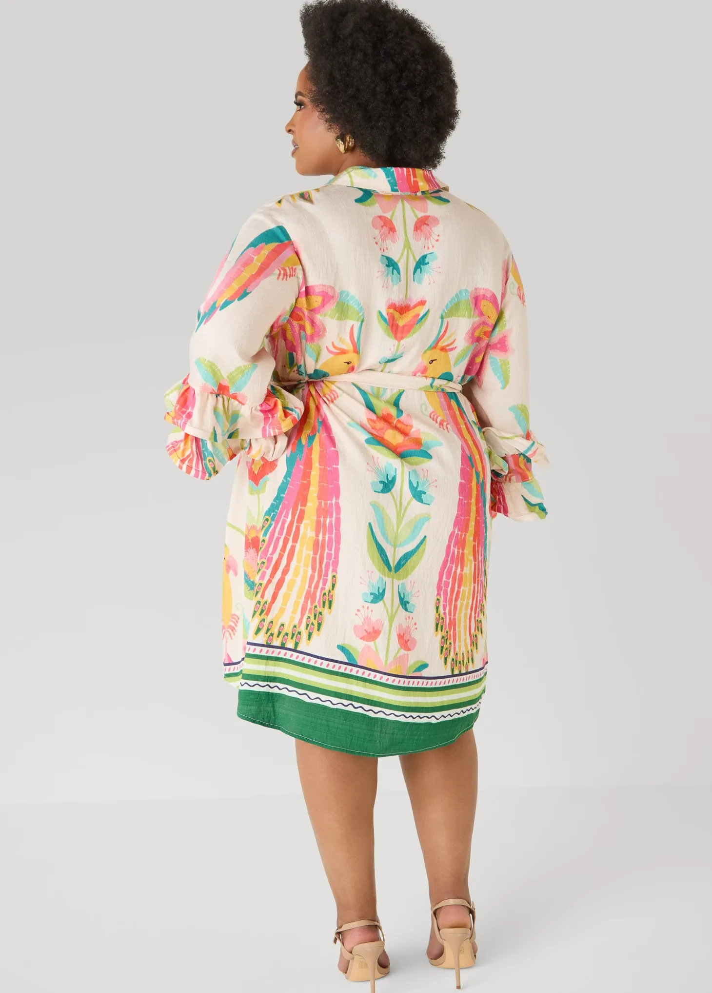 Ruffled Parrot Print Shirtdress