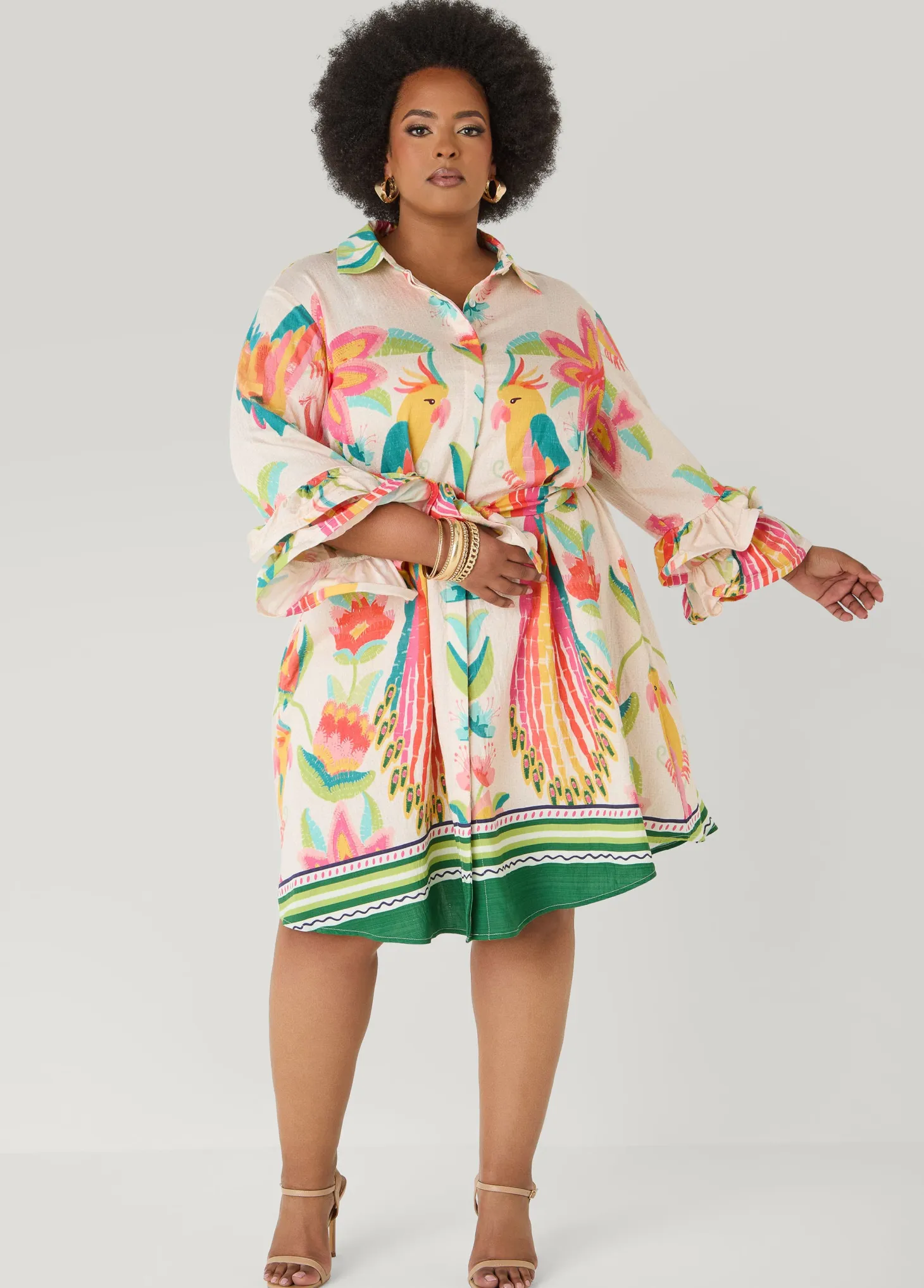 Ruffled Parrot Print Shirtdress
