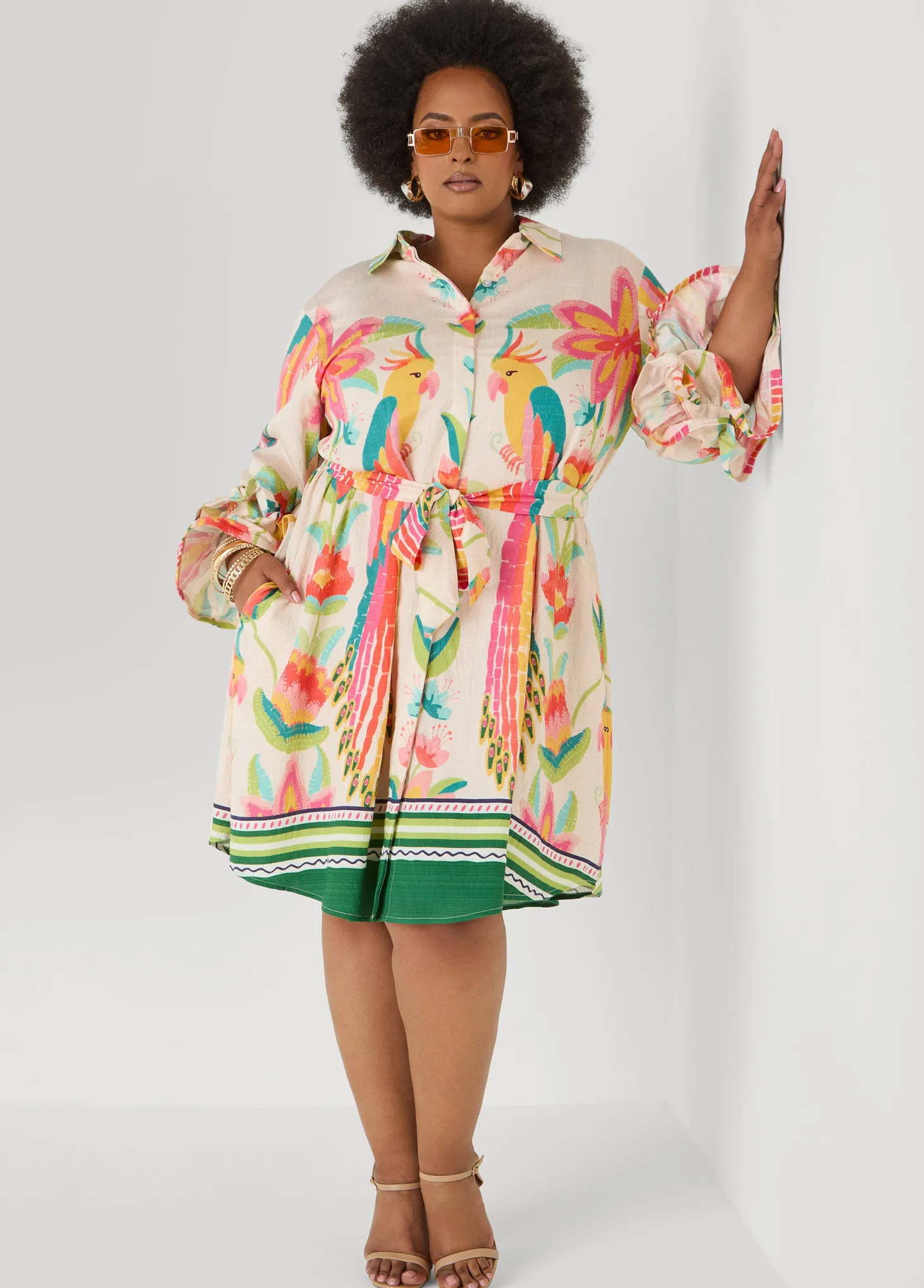 Ruffled Parrot Print Shirtdress