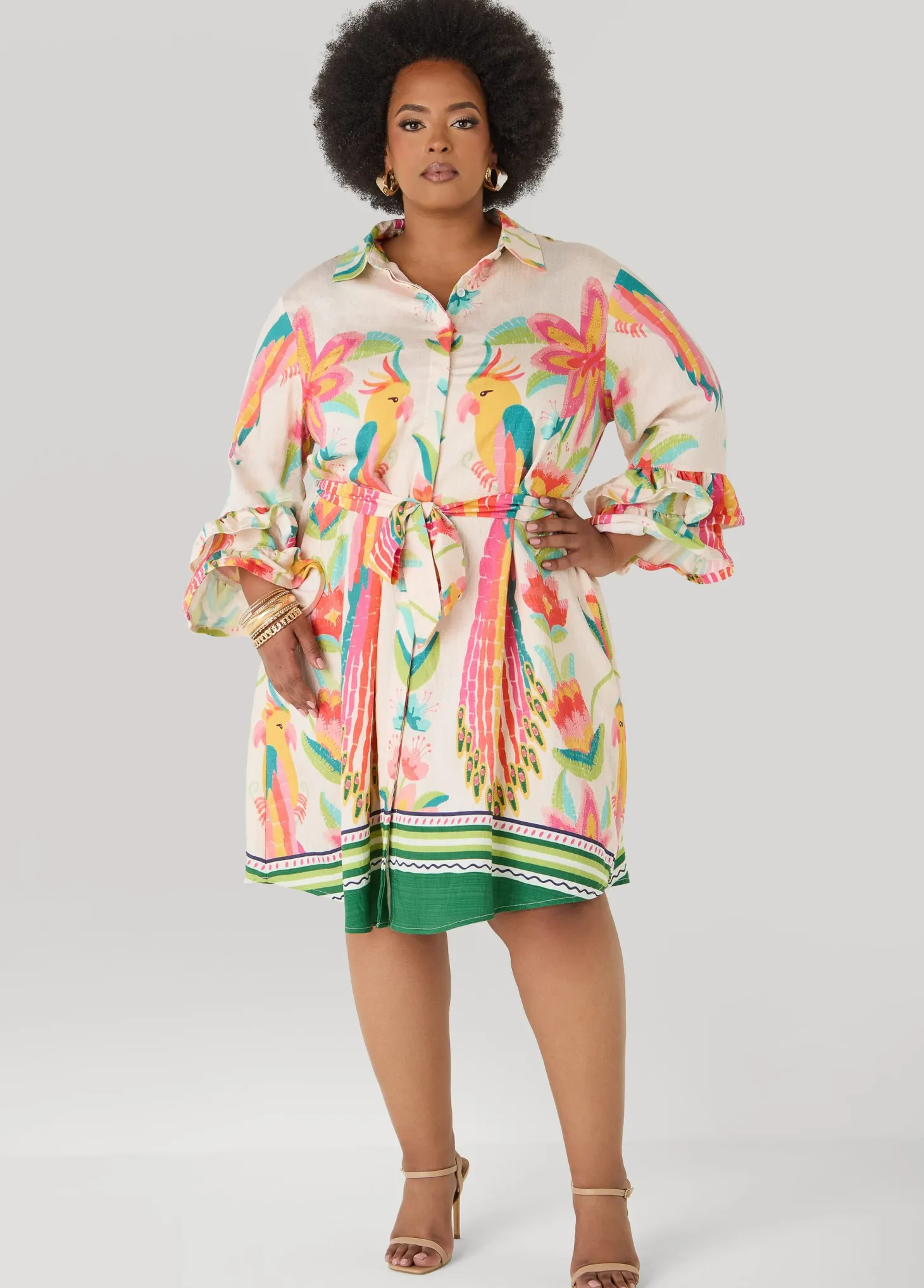 Ruffled Parrot Print Shirtdress