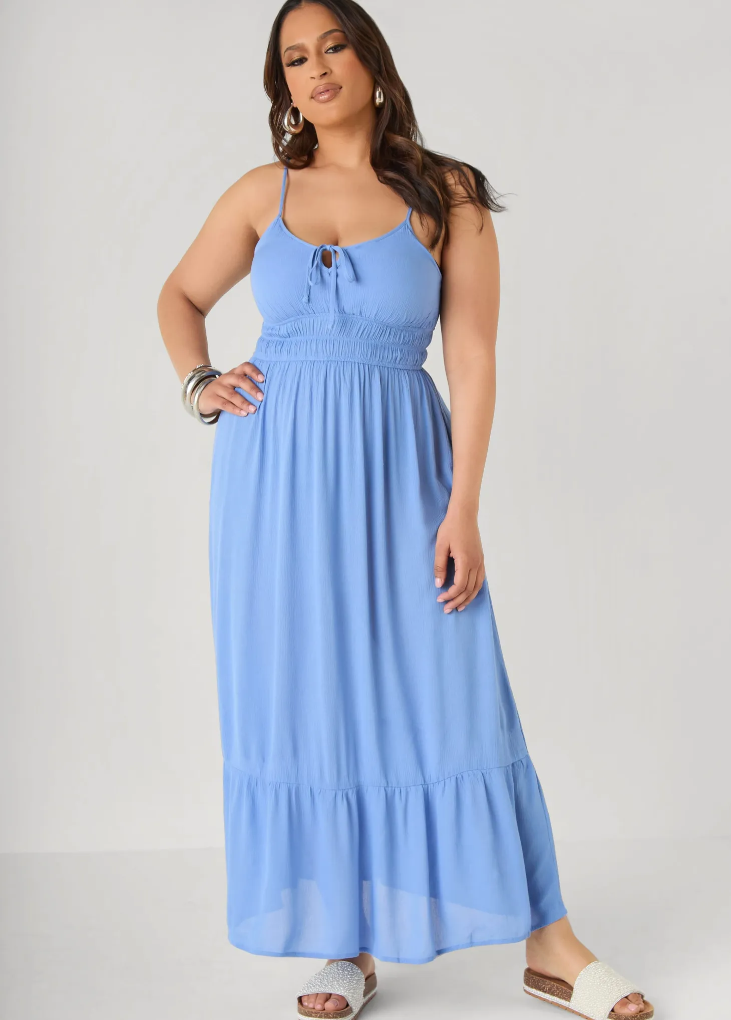 Smocked Tie Front Maxi Dress