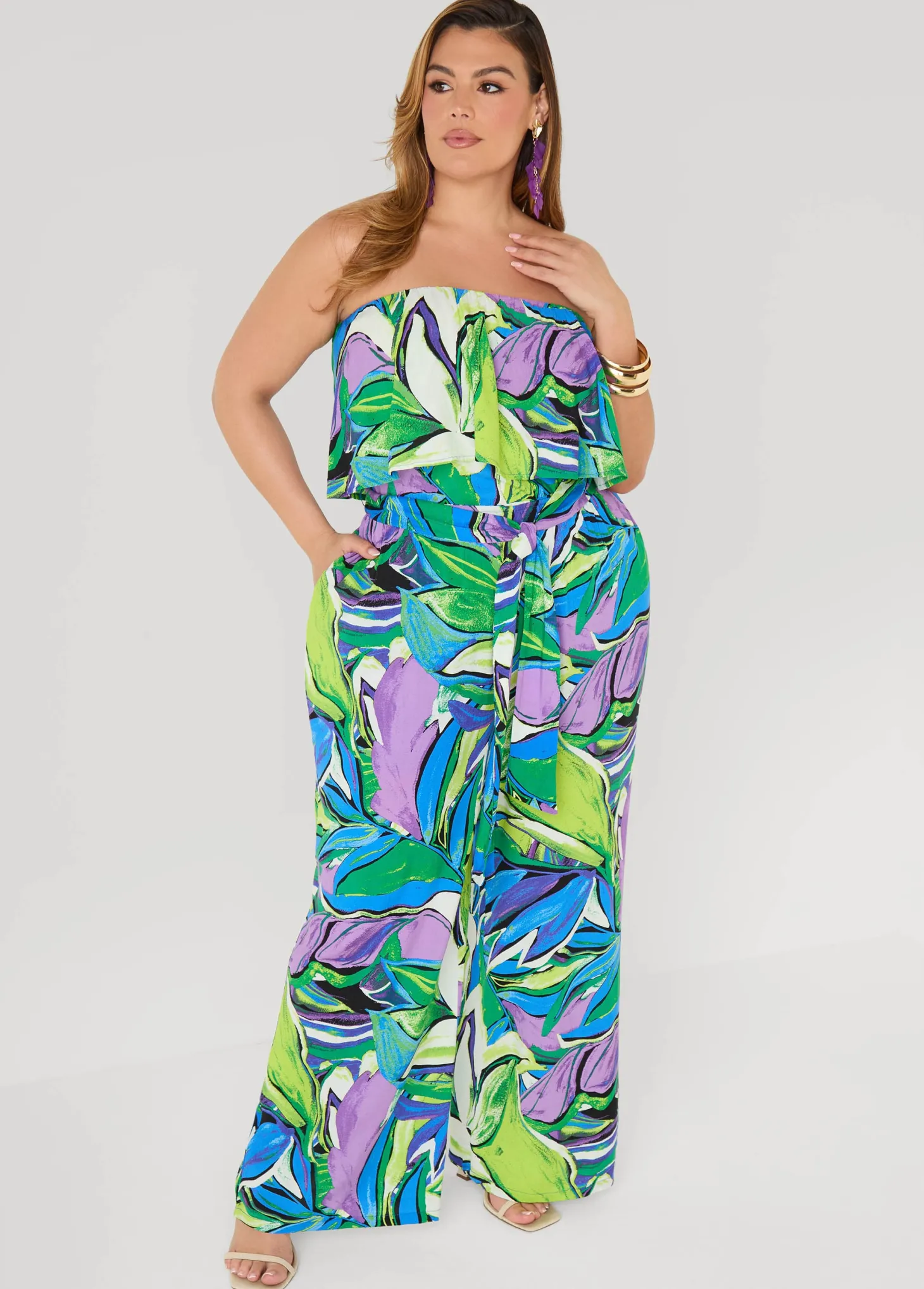 Strapless Leaf Print Jumpsuit