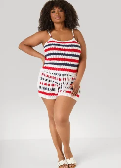 Striped Fringe Crochet Coverup Set
