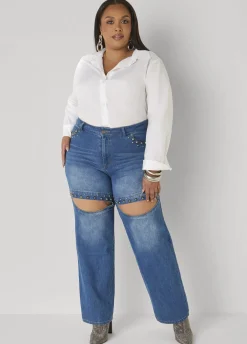 Studded Cutout Straight Leg Jeans