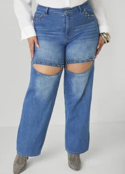 Studded Cutout Straight Leg Jeans