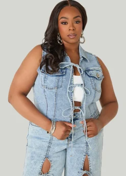 Tie Front Acid Wash Denim Vest