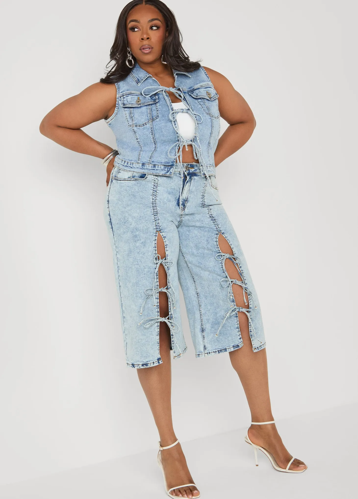 Tie Front Acid Wash Denim Vest