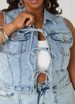 Tie Front Acid Wash Denim Vest