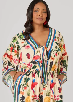 Tie Front Tropical Print Jumpsuit