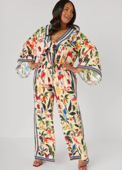 Tie Front Tropical Print Jumpsuit