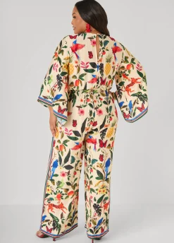 Tie Front Tropical Print Jumpsuit