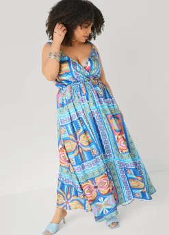 Tile Print Satin Maxi Dress