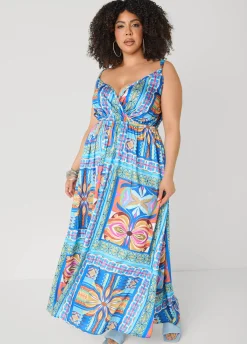 Tile Print Satin Maxi Dress