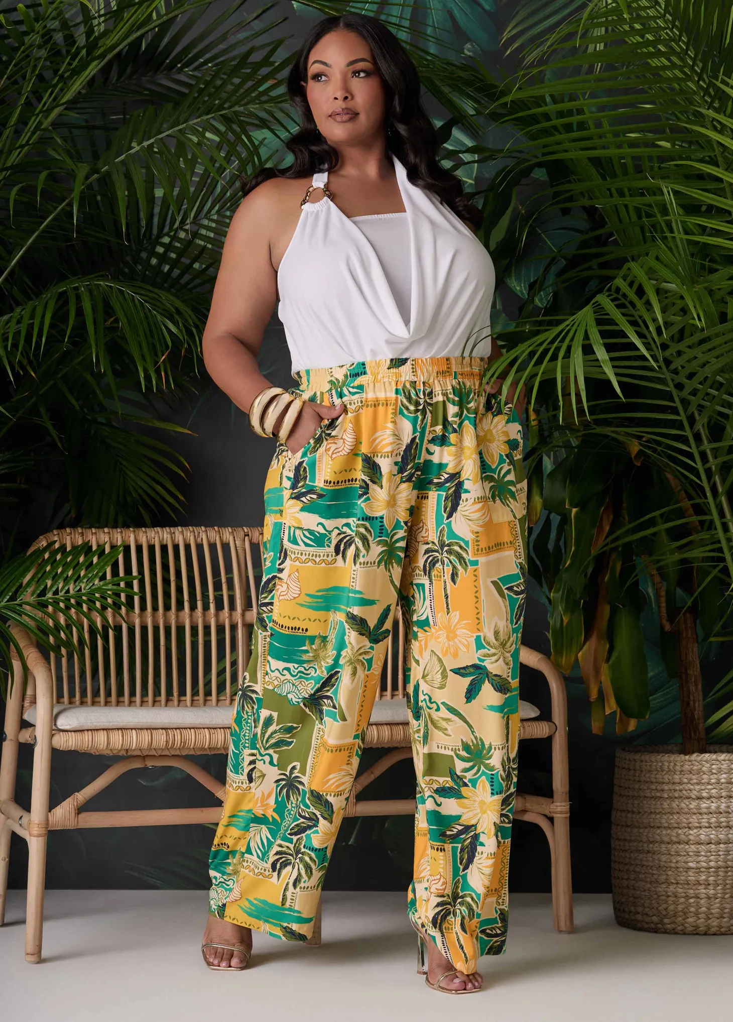 Tropical Print Wide Leg Pants