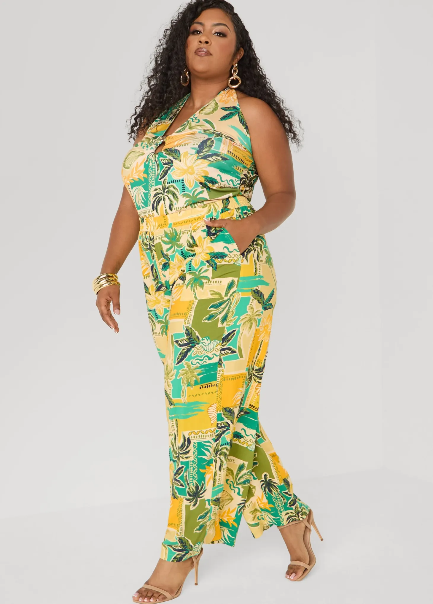 Tropical Print Wide Leg Pants