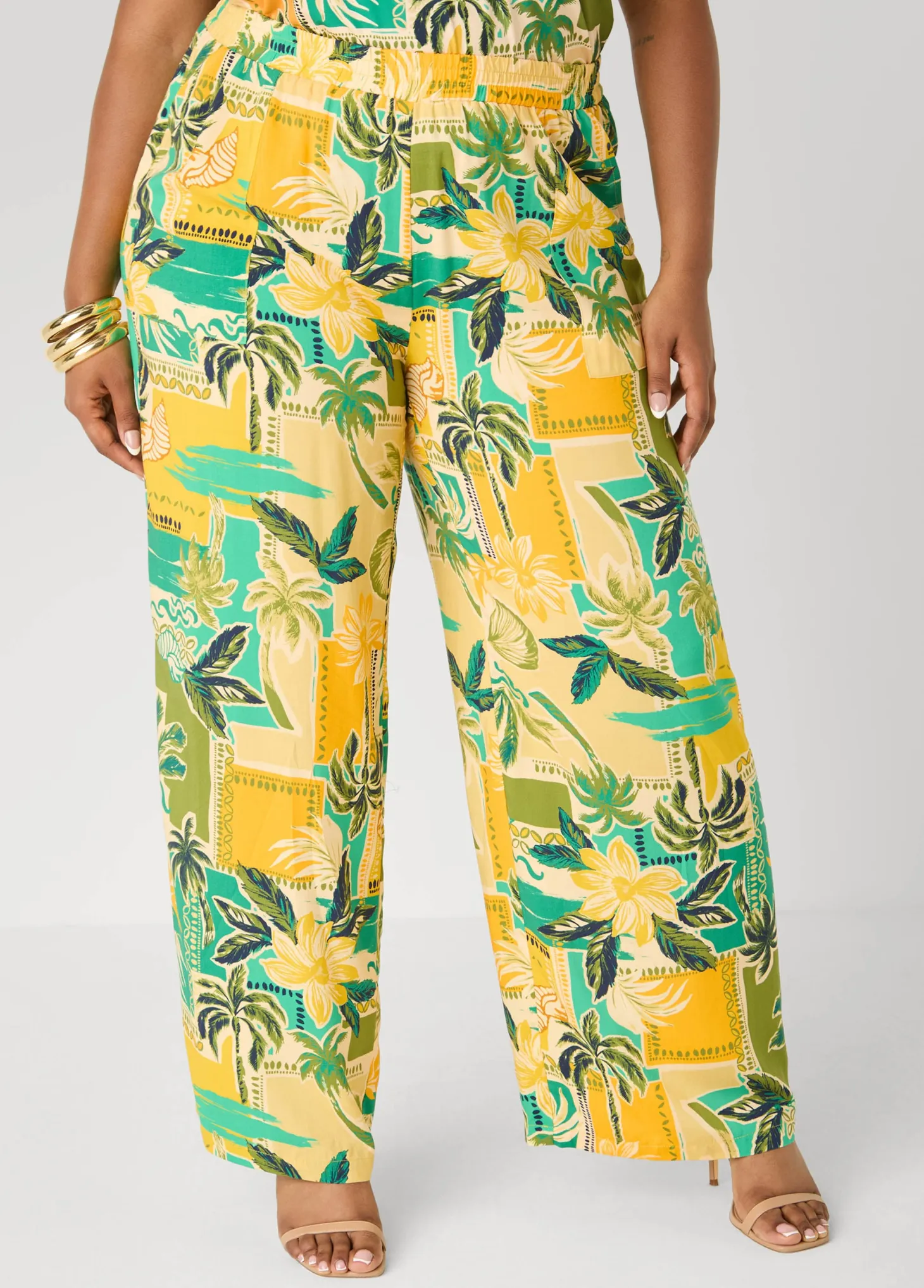 Tropical Print Wide Leg Pants