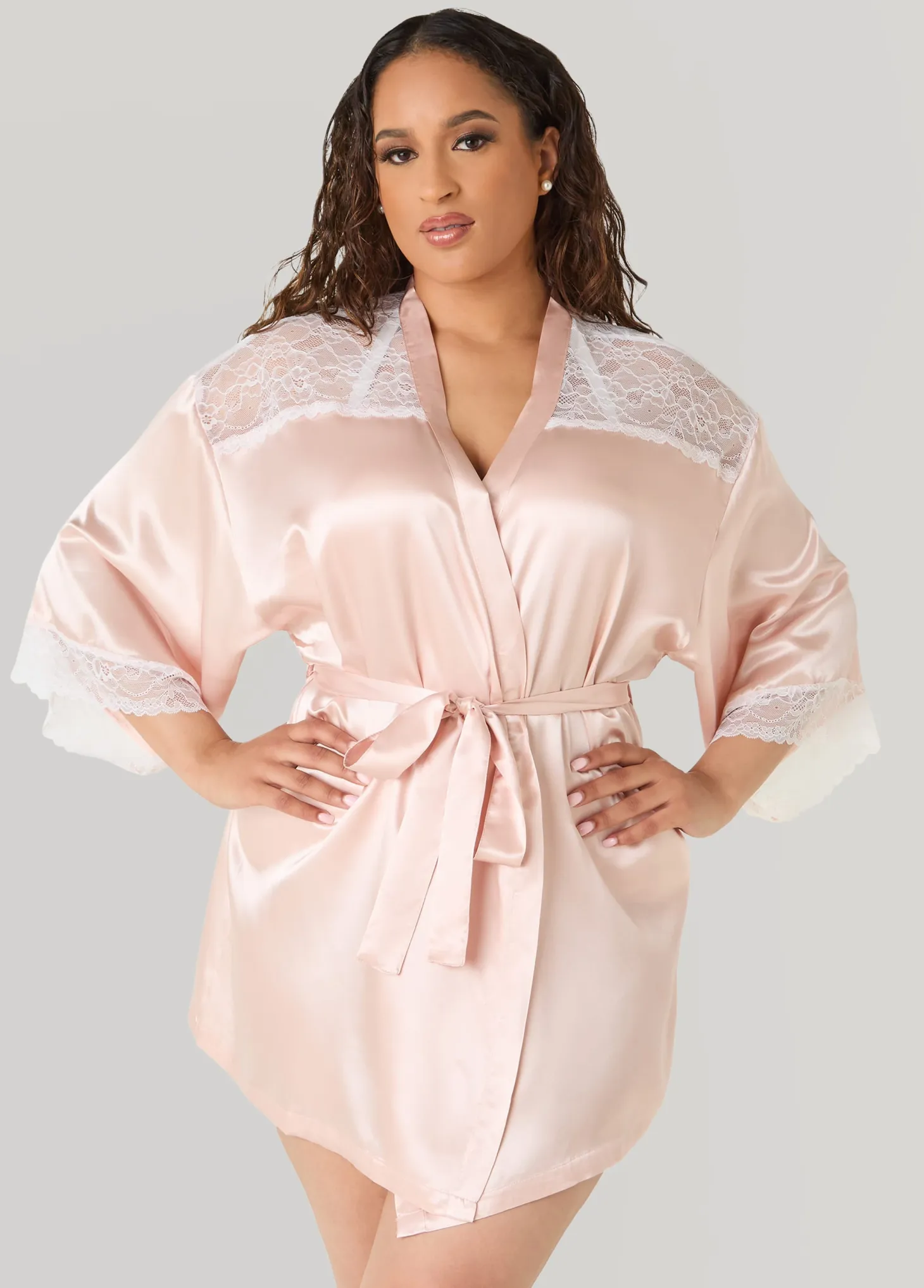 Two Tone Lace Paneled Satin Robe