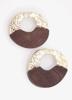 Wood And Hammered Gold Earrings